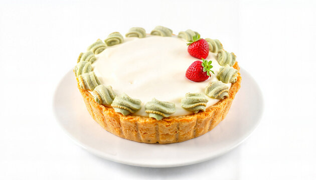 Tart with green icing and strawberries on white plate  