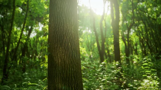 Sunlight streaming through dense forest by tree trunk