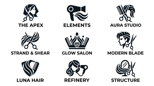 Black and white hair salon logos.