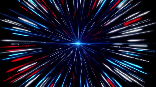 Red blue white light rays zoom through space towards a central star in a cosmic tunnel effect.