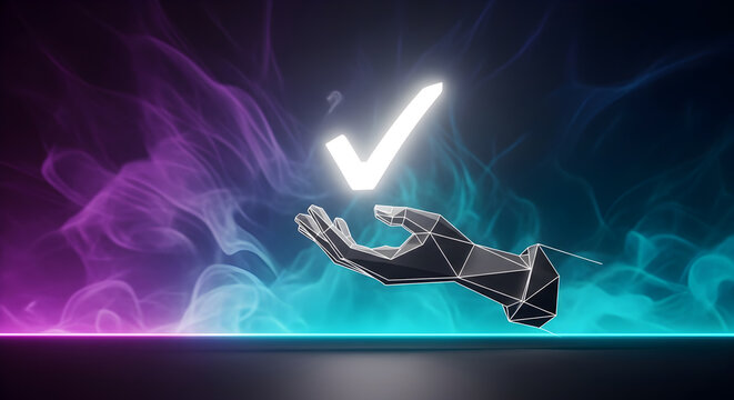 Digital Hand Presenting Glowing Checkmark for Success and Approval. Futuristic verification symbol in abstract neon light, representing task completion and achievement