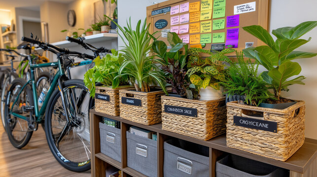 A sunlit co-living entryway with cubbies labeled for each resident, bicycles, plants, and a shared calendar board crowded with color-coded notes, ideal for intentional community, urban housing, and 