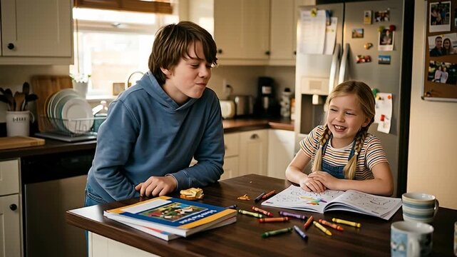A young boy and girl interact at a kitchen island with coloring books and crayons.