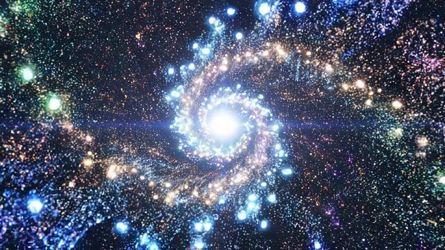 Mesmerizing cosmic spiral of brilliant stars and vibrant nebulae, an abstract portrayal of galactic energy and celestial motion in deep space