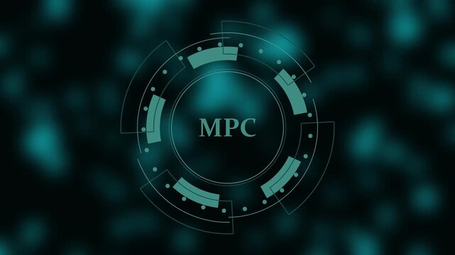 Teal MPC acronym in a circular futuristic HUD interface on a dark bokeh background abbreviation technology
