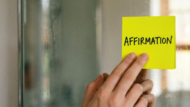 Daily Positive Self-Talk with Yellow Sticky Note on Mirror for Motivation and Affirmation