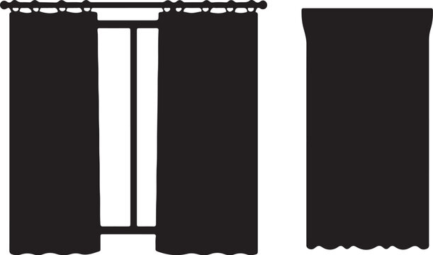 A black silhouette of long vertical window curtains hanging on a rod to provide privacy and light control indoors.