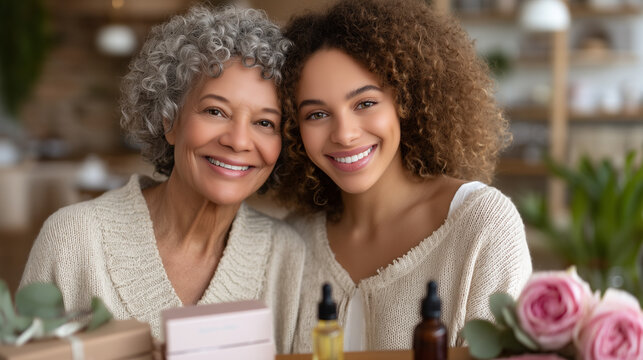Mothers Day self care tableau, a grandmother and adult daughter sharing a skincare ritual at a vanity scattered with rose water, serums, and handwritten recipe cards for homemade masks, soft morning