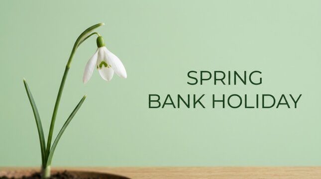 Spring Bank Holiday greeting with snowdrop flower, elegant seasonal celebration banner, white galanthus blossom on soft green background