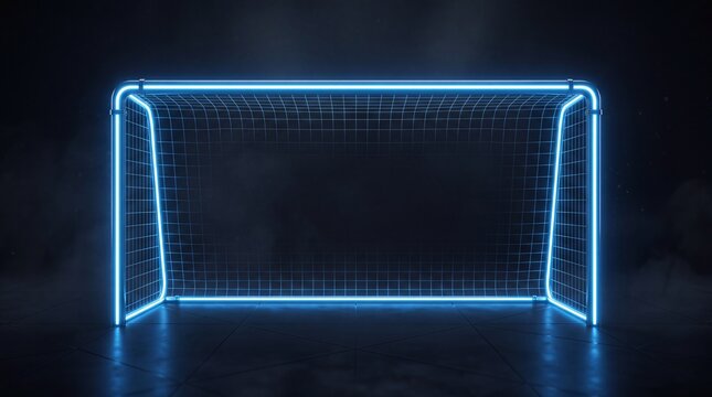 A bright, illuminated neon soccer goal set against a dark background, suggesting anticipation and excitement