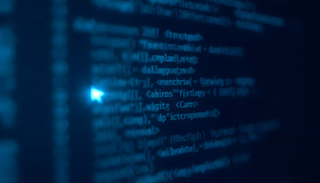 Abstract Blue Software Programming Code Background with Glowing Cursor and Selective Focus