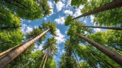Fototapeta premium Lush Green Forest Scene with Tall Trees Reaching Towards a Bright Blue Sky Filled with White Clouds from a Ground Perspective