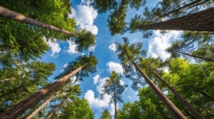 Fototapeta premium Lush Green Canopy with Tall Trees Reaching Towards a Bright Blue Sky Illuminated by Fluffy White Clouds in a Vibrant Forest Scene