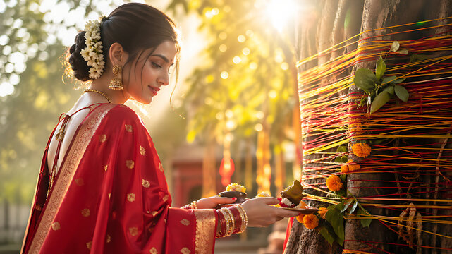 Indian women celebrating Vat Savitri Vrat Vat Purnima Pournima Savitri Amavasya Bargad Pooja Banyan Tree Festival with devotion rituals fasting