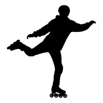 Athletic rollerblader balancing on a single skate, black vector silhouette graphic