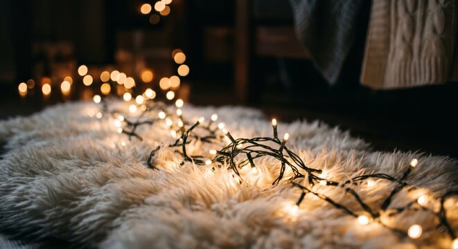 Christmas fairy lights tangled on a white shaggy rug in a cozy indoor setting