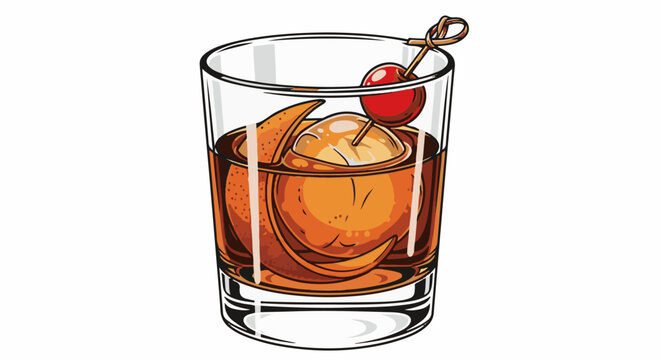 Refreshing brown beverage in a glass with ice, orange peel, and cherry