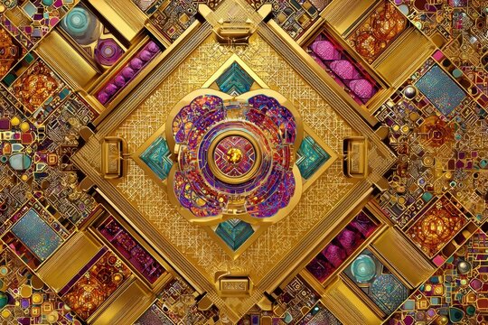 Intricate golden mosaic pattern with colorful geometric details
