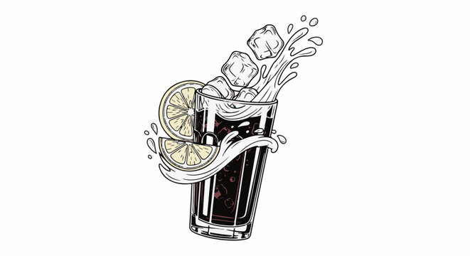 Refreshing dark beverage in a glass with splashing liquid and lemon slices