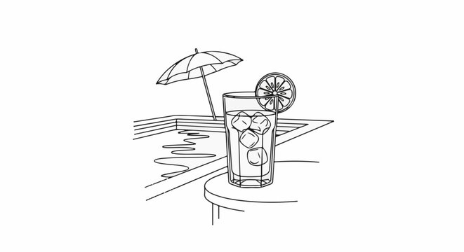 Refreshing drink with ice, lemon slice, and umbrella by swimming pool