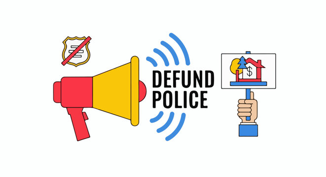 Protestors use megaphone and signs advocating for defunding police