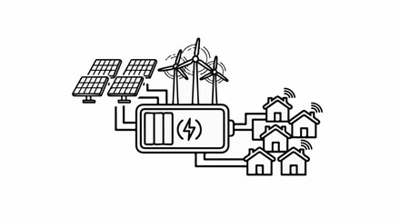 Naklejka premium Renewable energy sources power homes via battery storage