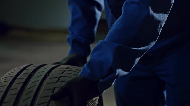 Auto mechanic in blue coveralls wearing black gloves carefully inspecting a car tire tread for wear and punctures in a dim workshop, ensuring proper maintenance, safety, and reliable vehicle
