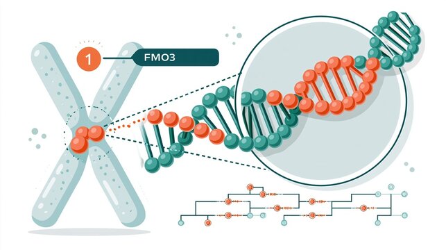 Trimethylaminuria: illustration of chromosome 1 highlighting FMO3 gene locus, zoomed DNA helix showing SNP mutation in coral red vs teal base pairs