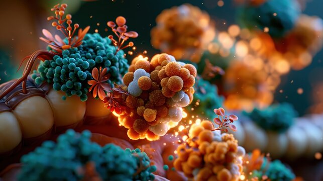 Trimethylaminuria: 3D render of human gut microbiome with TMA-producing bacteria glowing amber, healthy bacteria in teal, cross-section of intestinal wall showing choline-to-TMA conversion process