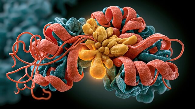 Trimethylaminuria: scientific visualization of FMO3 flavin-containing monooxygenase 3 protein structure in PyMOL rendering style, ribbon diagram with alpha helices in coral red and beta sheets in teal