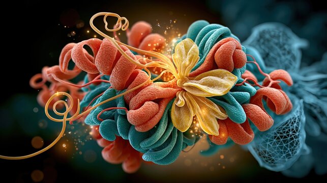 Trimethylaminuria: scientific visualization of FMO3 flavin-containing monooxygenase 3 protein structure in PyMOL rendering style, ribbon diagram with alpha helices in coral red and beta sheets in teal