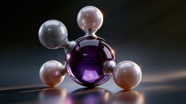3D render of trimethylamine N(CH3)3 molecule in Cinema 4D Octane render style, photorealistic glossy atom spheres nitrogen as deep violet glowing sphere, three carbon atoms in pearl white