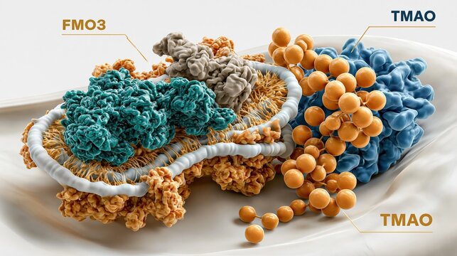 Trimethylaminuria: medical illustration, hepatocyte cross-section with ER showing FMO3 (teal), mutated FMO3 (gray), TMA accumulation (orange), TMAO (blue)