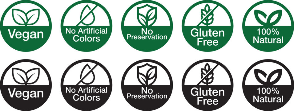 Vegan, no artificial colour, no preservatives, gluten free, 100% natural stamp icon set vector