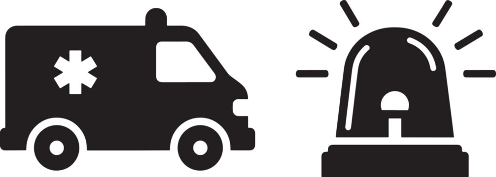 Black ambulance and siren on white background, emergency vehicle