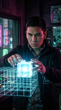 An intense technician focused on a holographic cube, illuminating a high-tech science fiction scene.