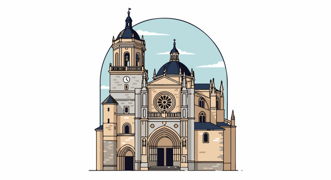Ornate cathedral with tall bell tower and arched entrance against sky
