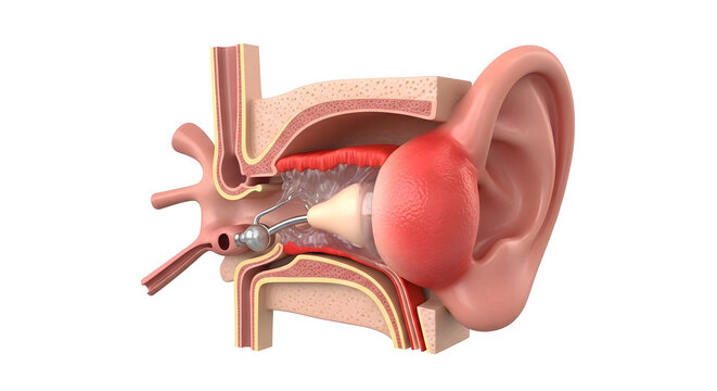 3D Cross-Section Illustration of Human Ear Anatomy Showing Middle Ear Infection and Inflamed Eardrum

