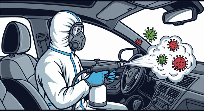 Person in hazmat suit sprays disinfectant inside car at coronavirus