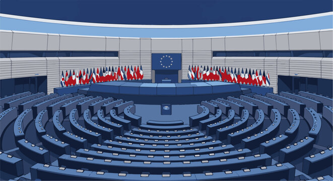 Pixelated view of an empty assembly hall with rows of seats and flags