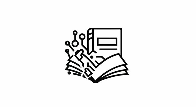 Open book with digital circuit and scattered notes