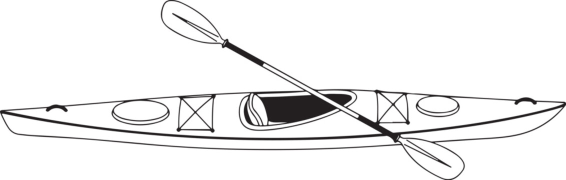 A top-down perspective illustration of a sleek touring kayak with a long double-bladed paddle positioned across the cockpit.