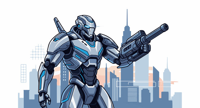 Pixelated warrior robot with futuristic gun stands in a stylized city skyline at dusk
