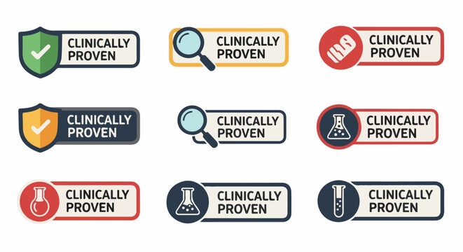 Nine badges shielded, magnifying glass, pill, flask, test tube icons