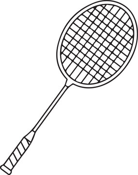 A minimalist line drawing of a lightweight badminton racket showing the intricate string pattern and ergonomic grip for competitive play.