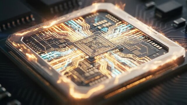 A highly detailed image of a computer processor, showing intricate circuitry and design, is brought to life with glowing lines of energy.