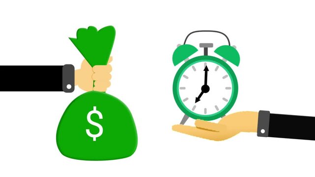 Two hands holding a money bag and alarm clock meet on a white background to represent the value of time.
