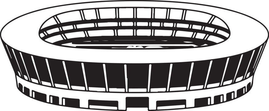 Black and white illustration of a modern sports stadium