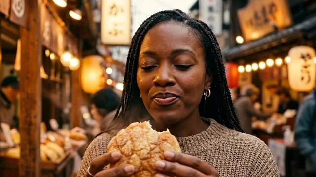 A woman savors the moment, relishing the taste of a unique bread amidst the lively streets of Japan, her expression reflecting pure contentment.