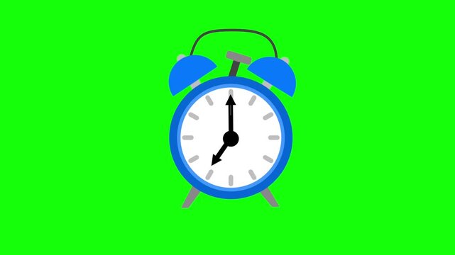 A blue alarm clock with fast-spinning hands and vibrating bells on a green screen background.